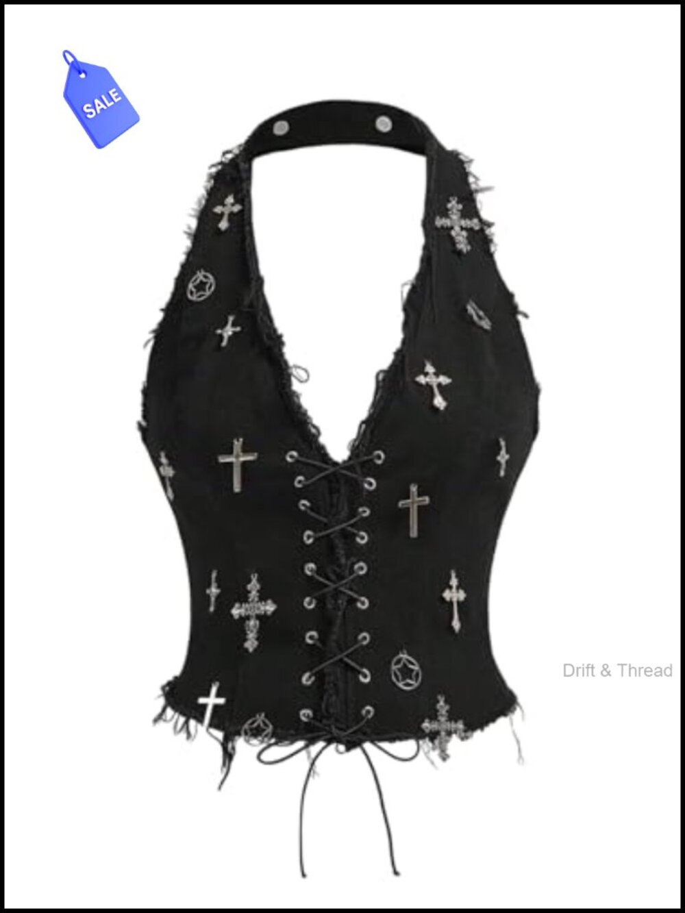 Embroidered Denim Halter Crop Top Y2K Smocked Backless Lace Up